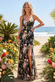 Tulle Black Pink Flower Sheath Floral Embroidered Long Prom Dress with Slit