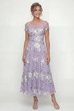 Dusty Purple A Line Embroidered Mother of the Bride Dress with Short Sleeves