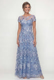 Dusty Blue A Line Short Sleeves Mother of the Bride Dress with Embroidery