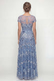 Dusty Blue A Line Short Sleeves Mother of the Bride Dress with Embroidery