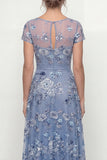 Dusty Blue A Line Short Sleeves Mother of the Bride Dress with Embroidery