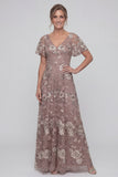 Dusty Rose Sequins A Line V Neck Long Mother of the Bride Dress