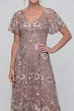 Dusty Rose Sequins A Line V Neck Long Mother of the Bride Dress