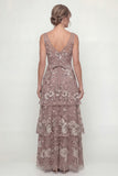 Dusty Rose Flower A Line Tiered Ruffle Long Mother of the Bride Dress with Sequins