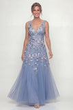 Dusty Blue A Line Appliqued V-Neck Long Mother of the Bride Dress