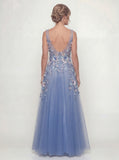 Dusty Blue A Line Appliqued V-Neck Long Mother of the Bride Dress