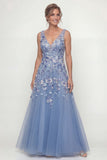 Dusty Blue A Line Appliqued V-Neck Long Mother of the Bride Dress