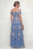 Off The Shoulder Dusty Blue Tiered A Line Long Mother of the Bride Dress with Embroidery