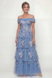 Off The Shoulder Dusty Blue Tiered A Line Long Mother of the Bride Dress with Embroidery