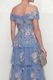 Off The Shoulder Dusty Blue Tiered A Line Long Mother of the Bride Dress with Embroidery