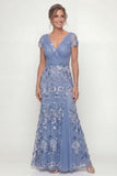 Dusty Blue A Line Short Sleeves Mother of the Bride Dress with Appliques