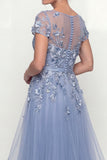 Dusty Blue Embroidered A Line Short Sleeves Mother of the Bride Dress with Ruffles