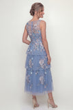 Dusty Blue Ruffled A Line Sequins Midi Mother of the Bride Dress with Embroidery