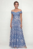 Off The Shoulder Dusty Blue A Line Embroidered Long Mother of the Bride Dress