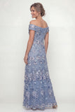 Off The Shoulder Dusty Blue A Line Embroidered Long Mother of the Bride Dress