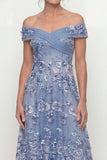 Off The Shoulder Dusty Blue A Line Embroidered Long Mother of the Bride Dress