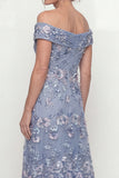 Off The Shoulder Dusty Blue A Line Embroidered Long Mother of the Bride Dress
