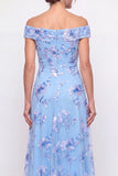 Off The Shoulder Dusty Blue A Line Embroidered Long Mother of the Bride Dress