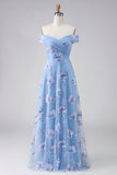 Off The Shoulder Dusty Blue A Line Embroidered Long Mother of the Bride Dress