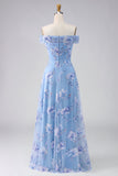 Off The Shoulder Dusty Blue A Line Embroidered Long Mother of the Bride Dress