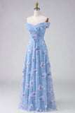 Off The Shoulder Dusty Blue A Line Embroidered Long Mother of the Bride Dress