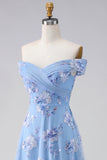 Off The Shoulder Dusty Blue A Line Embroidered Long Mother of the Bride Dress