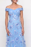 Off The Shoulder Dusty Blue A Line Embroidered Long Mother of the Bride Dress