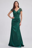 V Neck Mermaid Dark Green Ruched Mother Of Bride Dress