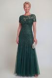 Appliqued A Line Dark Green Round Neck Mother Of Bride Dress