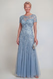 Appliqued A Line Dark Green Round Neck Mother Of Bride Dress