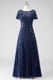 Sparkly Navy A Line Round Neck Beaded Mother Of Bride Dress with Appliques