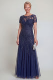 Appliqued A Line Dark Green Round Neck Mother Of Bride Dress