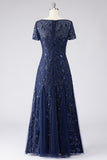 Sparkly Navy A Line Round Neck Beaded Mother Of Bride Dress with Appliques