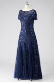 Sparkly Navy A Line Round Neck Beaded Mother Of Bride Dress with Appliques