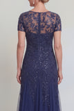 Appliqued A Line Dark Green Round Neck Mother Of Bride Dress