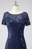 Sparkly Navy A Line Round Neck Beaded Mother Of Bride Dress with Appliques