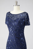 Sparkly Navy A Line Round Neck Beaded Mother Of Bride Dress with Appliques