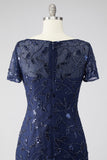 Sparkly Navy A Line Round Neck Beaded Mother Of Bride Dress with Appliques