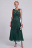 Dark Green Floral A Line Beaded Boat Neck Long Mother of The Bride Dress