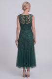 Dark Green Floral A Line Beaded Boat Neck Long Mother of The Bride Dress