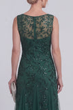 Dark Green Floral A Line Beaded Boat Neck Long Mother of The Bride Dress