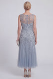Dark Green Floral A Line Beaded Boat Neck Long Mother of The Bride Dress