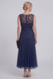 Dark Green Floral A Line Beaded Boat Neck Long Mother of The Bride Dress