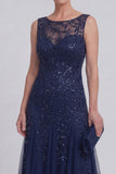 Dark Green Floral A Line Beaded Boat Neck Long Mother of The Bride Dress