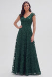 Dark Green Floral V-Neck A Line Cap Sleeves Long Mother of The Bride Dress