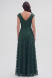 Dark Green Floral V-Neck A Line Cap Sleeves Long Mother of The Bride Dress