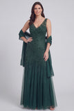 Grey Blue Floral V-Neck A Line Tulle Long Mother of The Bride Dress