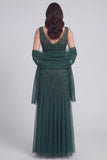 Grey Blue Floral V-Neck A Line Tulle Long Mother of The Bride Dress