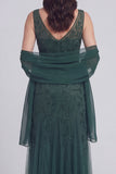 Grey Blue Floral V-Neck A Line Tulle Long Mother of The Bride Dress