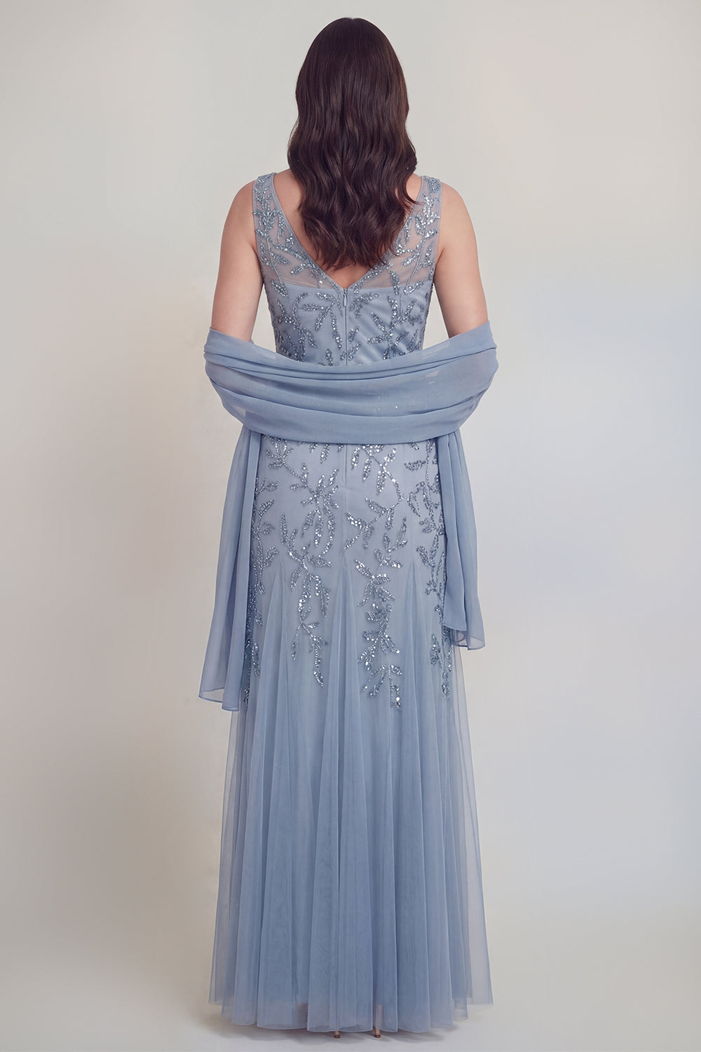 Zapaka Women Grey Blue Floral TulleLong Mother of The Bride Dress V-Neck A Line Sequins Neck Scarf Wedding Guest Dress, Grey Blue / US6